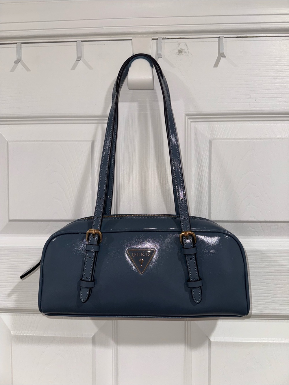 GUESS Navy Blue Patent Shoulder Bag with Gold Accents